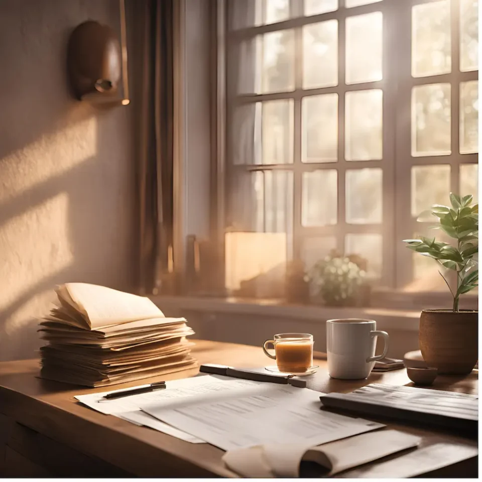 Ein Schreibtisch vor einem Fenster. Auf dem Schreibtisch sind Bücher, Stifte, eine Tasse.