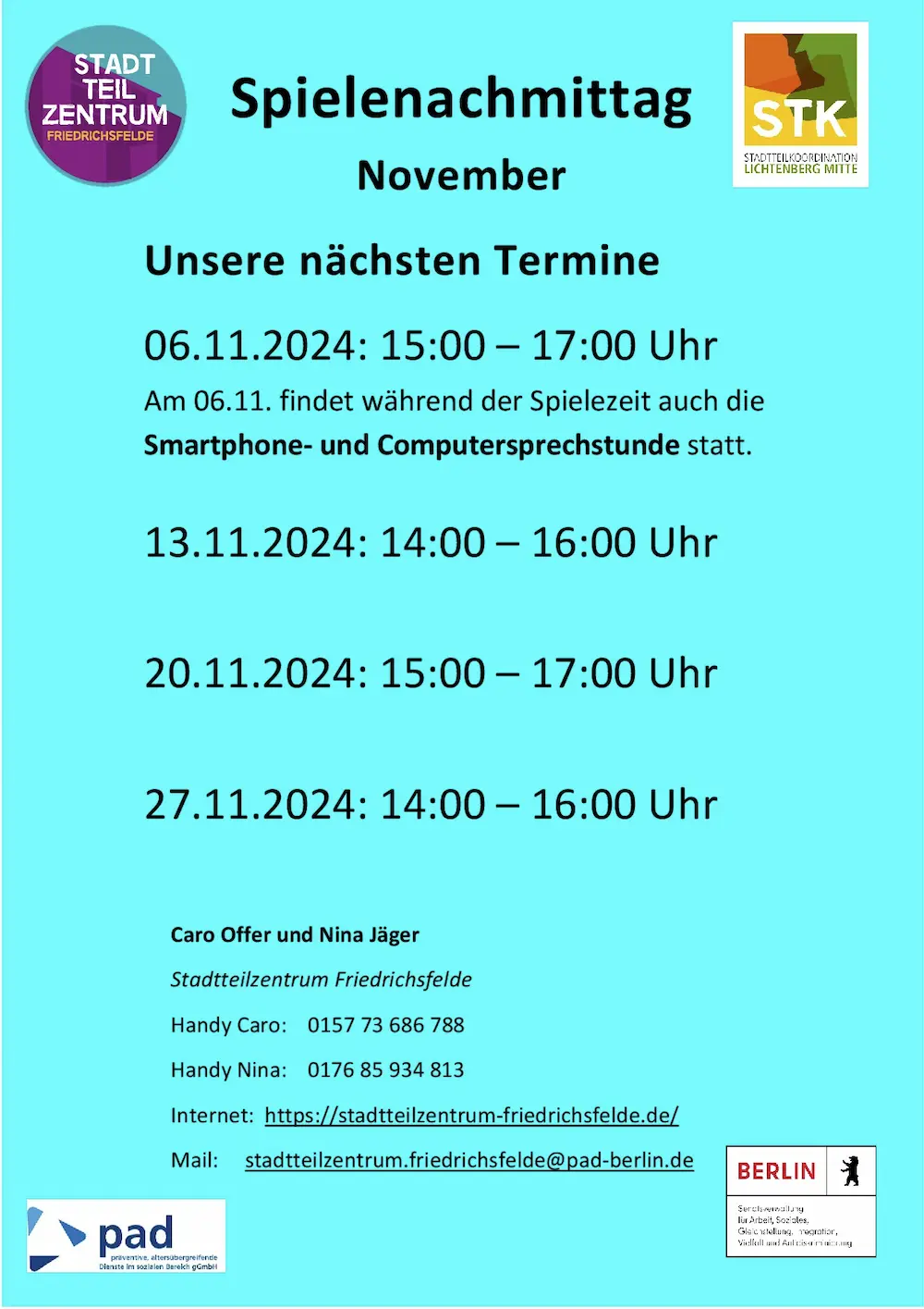 Spielenachmittag November Unsere nächsten Termine 06.11.2024: 15:00 – 17:00 Uhr Am 06.11. findet während der Spielezeit auch die Smartphone- und Computersprechstunde statt. 13.11.2024: 14:00 – 16:00 Uhr 20.11.2024: 15:00 – 17:00 Uhr 27.11.2024: 14:00 – 16:00 Uhr