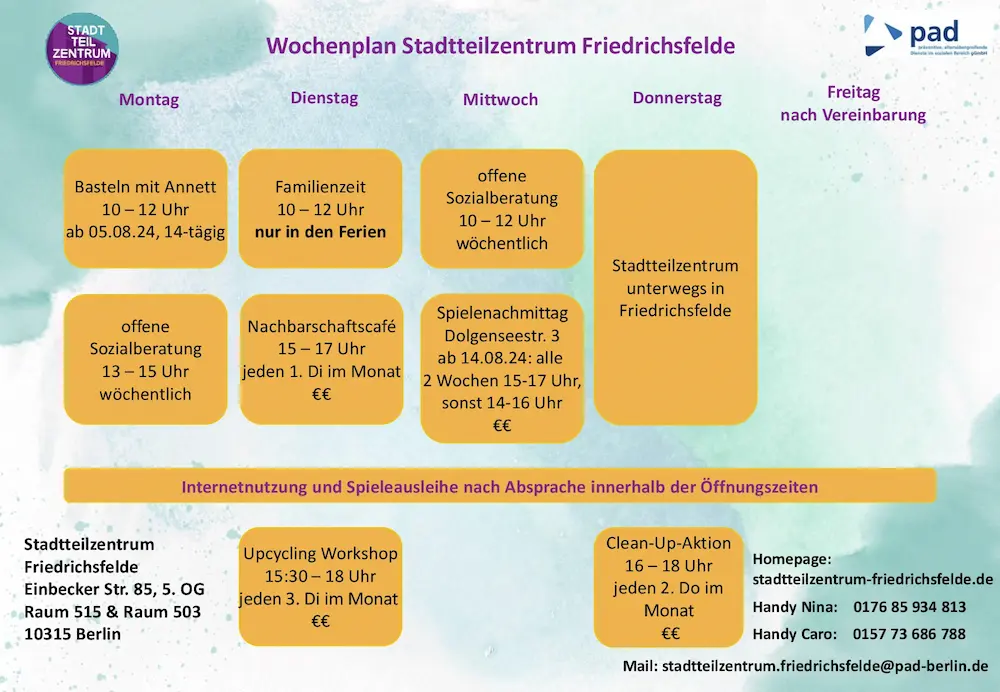 Neuer Wochenplan im Stadtteilzentrum Friedrichsfelde
