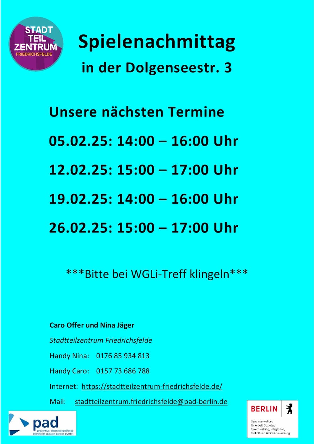 Der Spielenachmittag findet alle 2 Wochen von 15:00-17:00 Uhr und ansonsten von 14 - 16 Uhr statt. Hier eine Übersicht der nächsten Termine:  05.02.2025 14:00 - 16:00 Uhr  12.02.2025 15:00 - 17:00 Uhr  19.02.2025 14:00 - 16:00 Uhr  26.02.2025 15:00 - 17:00 Uhr