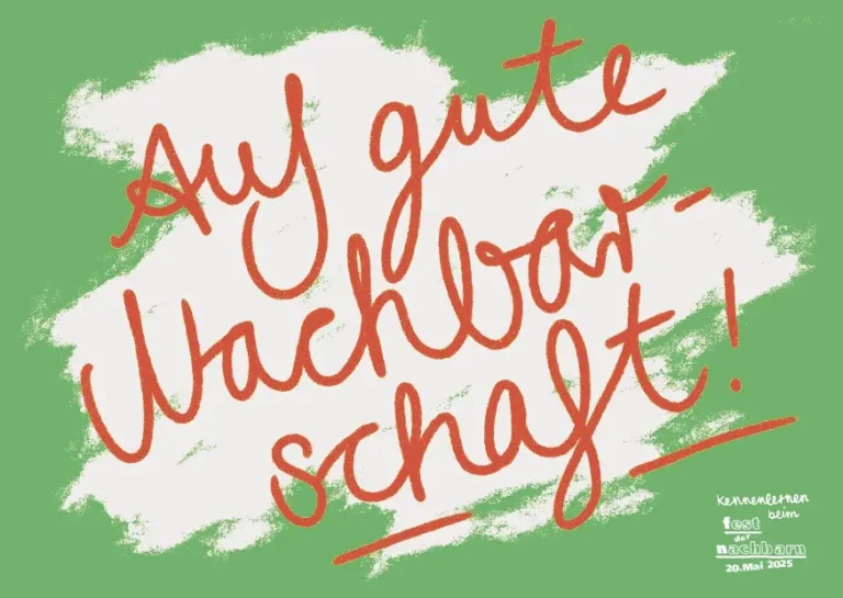 Grüne Postkarte auf der mit roter Schrift: Auf gute Nachbarschaft steht.