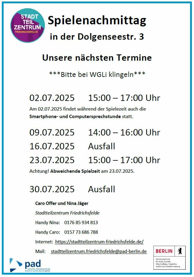 🎲Der Spielenachmittag findet alle 2 Wochen von 15:00 - 17:00 Uhr und ansonsten von 14:00 – 16:00 Uhr statt. Hier eine Übersicht der nächsten Termine: 02.07.2025 15:00 – 17:00 Uhr Mit Smartphone- und Computersprechstunde 09.07.2025 14:00 – 16:00 Uhr 16.07.2025 Ausfall 23.07.2025 15:00 – 17:00 Uhr Achtung! Abweichende Spielzeit! 30.07.2025 Ausfall