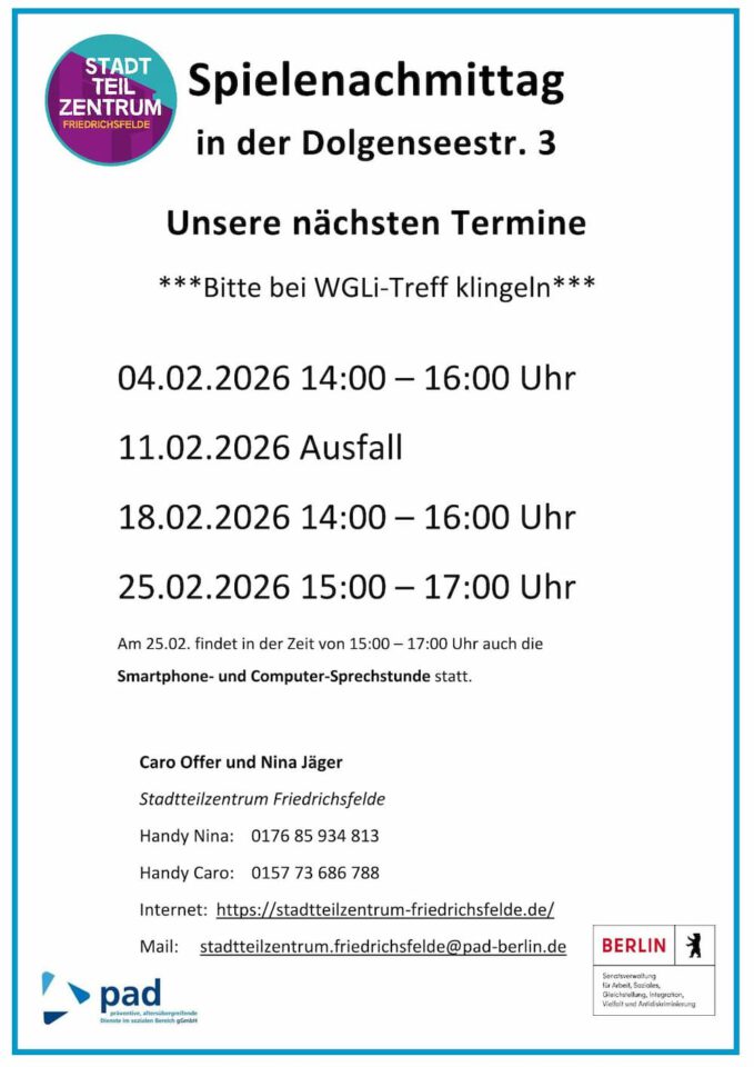 Der Spielenachmittag findet alle 2 Wochen von 15:00-17:00 Uhr und ansonsten von 14 - 16 Uhr statt. Hier eine Übersicht der nächsten Termine: 04.02.26 14:00 – 16:00 Uhr 11.02.26 Ausfall 18.02.26 14:00 – 16:00 Uhr 25.02.26 15:00 – 17:00 Uhr Während der Spielezeit am 25.02.26 findet auch die Smartphone- und Computersprechstunde 📱mit Holger statt.