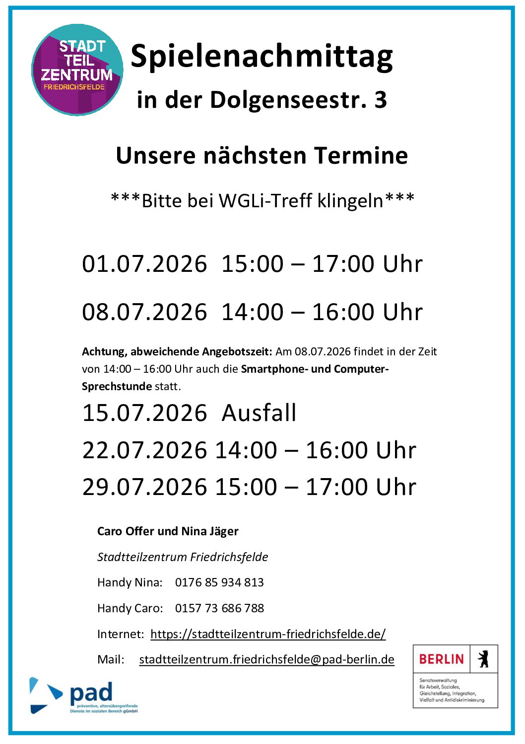 Der Spielenachmittag findet alle 2 Wochen von 15:00 17:00 Uhr und ansonsten von 14 16 Uhr statt. Hier eine Übersicht der nächsten Termine: 01.07.2026 15:00 – 17:00 Uhr 08.07.2026 14:00 – 16:00 Uhr Achtung, abweichende Angebotszeit: Am 08.07.2026 findet in der Zeit von 14:00 – 16:00 Uhr auch die Smartphone und Computer Sprechstunde statt. 15.07.2026 Ausfall 22.07.2026 14:00 – 16:00 Uhr 29.07.2026 15:00 – 17:00 Uhr