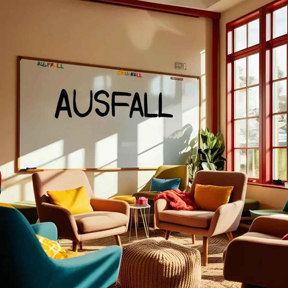 In einem Gruppenraum stehen bunte Stühle, ein Tisch, eine Pflanze. Das Raum ist leer. EIne Tafel hängt an der Wand. Auf ihr steht das Wort Ausfall