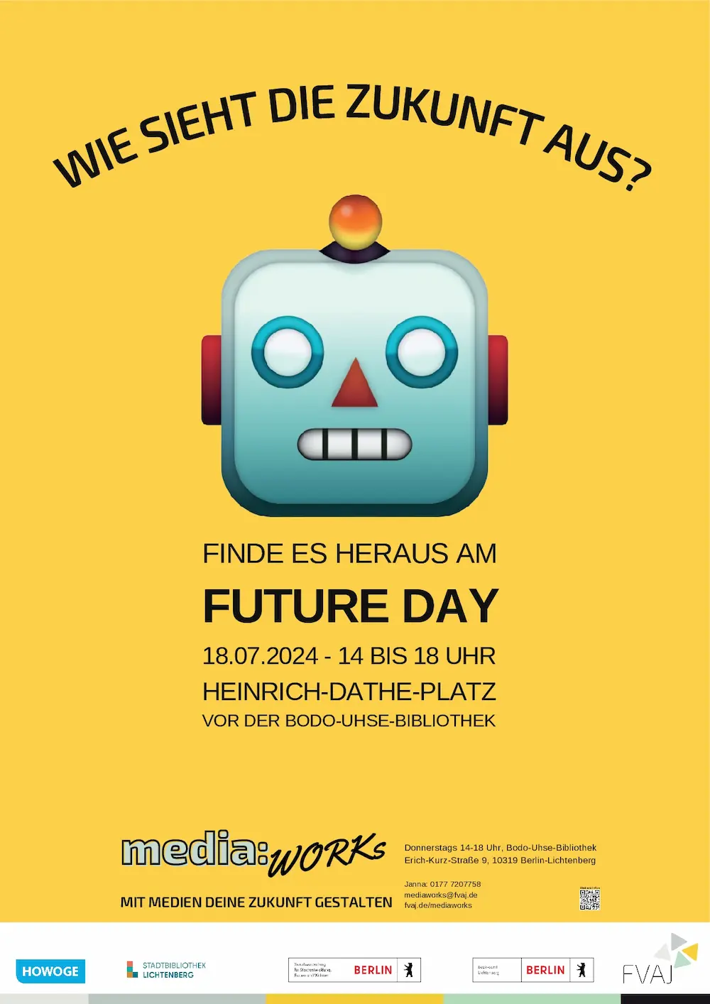 Überschrift: Wie sieht die Zukunft aus? Finde es heraus am future day 18.07.2024 - 14 bis 18 Uhr, Heinrich-Dathe-Platz vor der Bodo-Uhse-Bibliothek. Media:works - Mit Medien deine Zukunft gestalten,