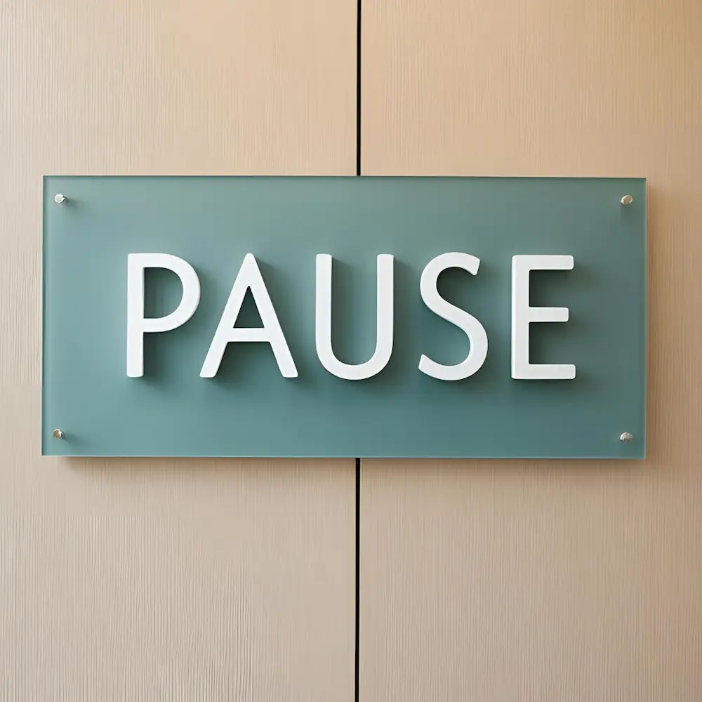 EIne geschlossene Bürotür. An ihr hängt ein Schild. Das Wort Pause steht darauf.