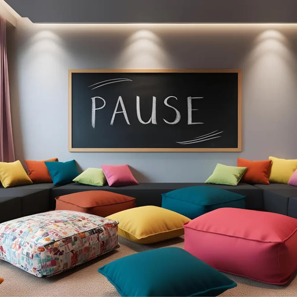 In einem Raum liegen viele bunte Kissen. Eine Tafel hängt an der Wand. Das Wort Pause steht darauf.