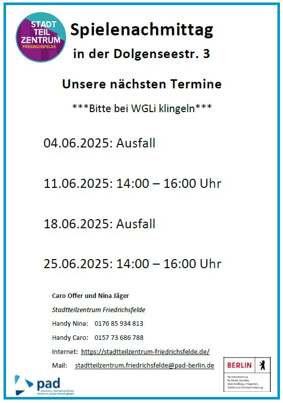 🎲Der Spielenachmittag findet alle 2 Wochen von 15:00-17:00 Uhr und ansonsten von 14 - 16 Uhr statt. Hier eine Übersicht der nächsten Termine: 04.06.2025 Ausfall 11.06.2025 14:00 - 16:00 Uhr 18.06.2025 Ausfall 25.06.2025 14:00 - 16:00 Uhr