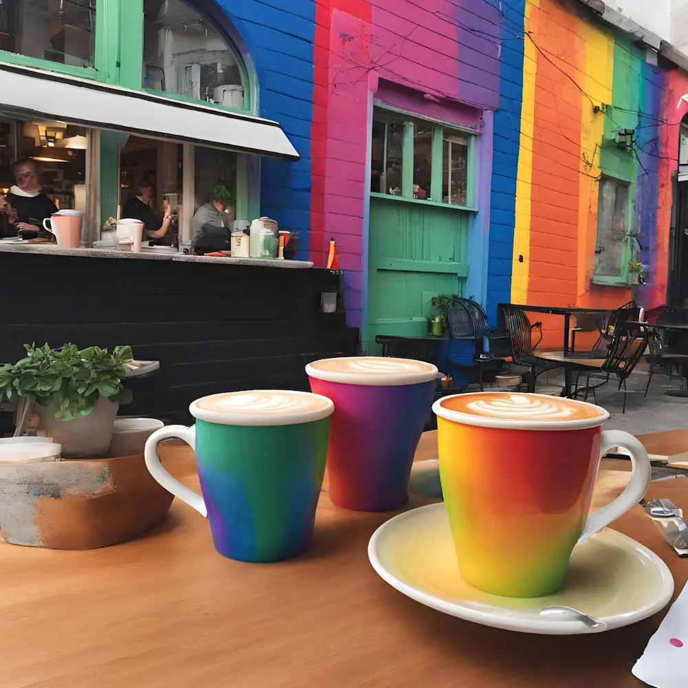 Bunte Tassen auf einem Tisch. Der Tisch steht zwischen vielen bunten Häusern.