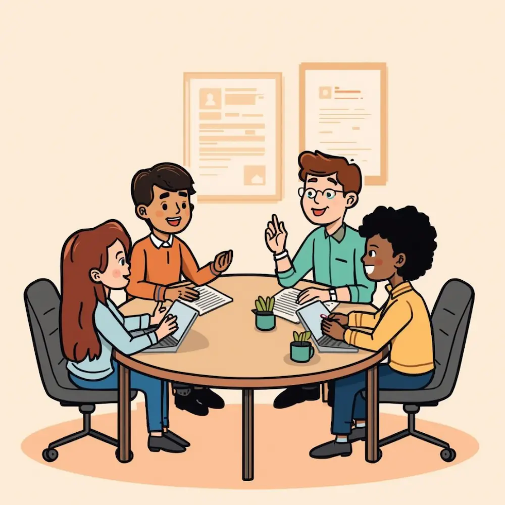 Menschen sitzen an einem Tisch und reden miteinander. Es sind 2 Frauen und 2 Männer aus unterschiedlichen Kulturen. Es wird eine Beratung durchgeführt.