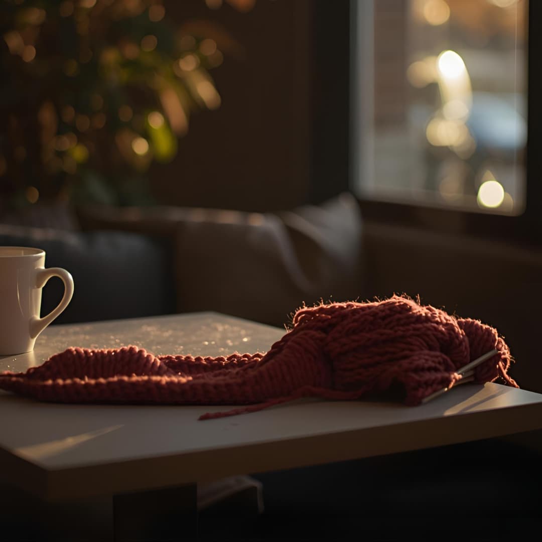 Ein Tisch, auf dem eine Kaffeetasse und Stricknadeln mit Wolle liegen