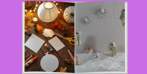 Zei Anzeigebilder neben einander. 1. Bild: Papieraternen auf einem Tisch. Um die Laternen herum liegen bunte Lichter, Papier zum Basteln und Scheren. Es sieht sehr herbstlich aus. 2. Kleine Geister, Spinnen und Kürbisee, die aus Papier hergestellt wurden als Halloweendekoration. Sie sitzen auf einem Tisch oder hängen an Fäden.