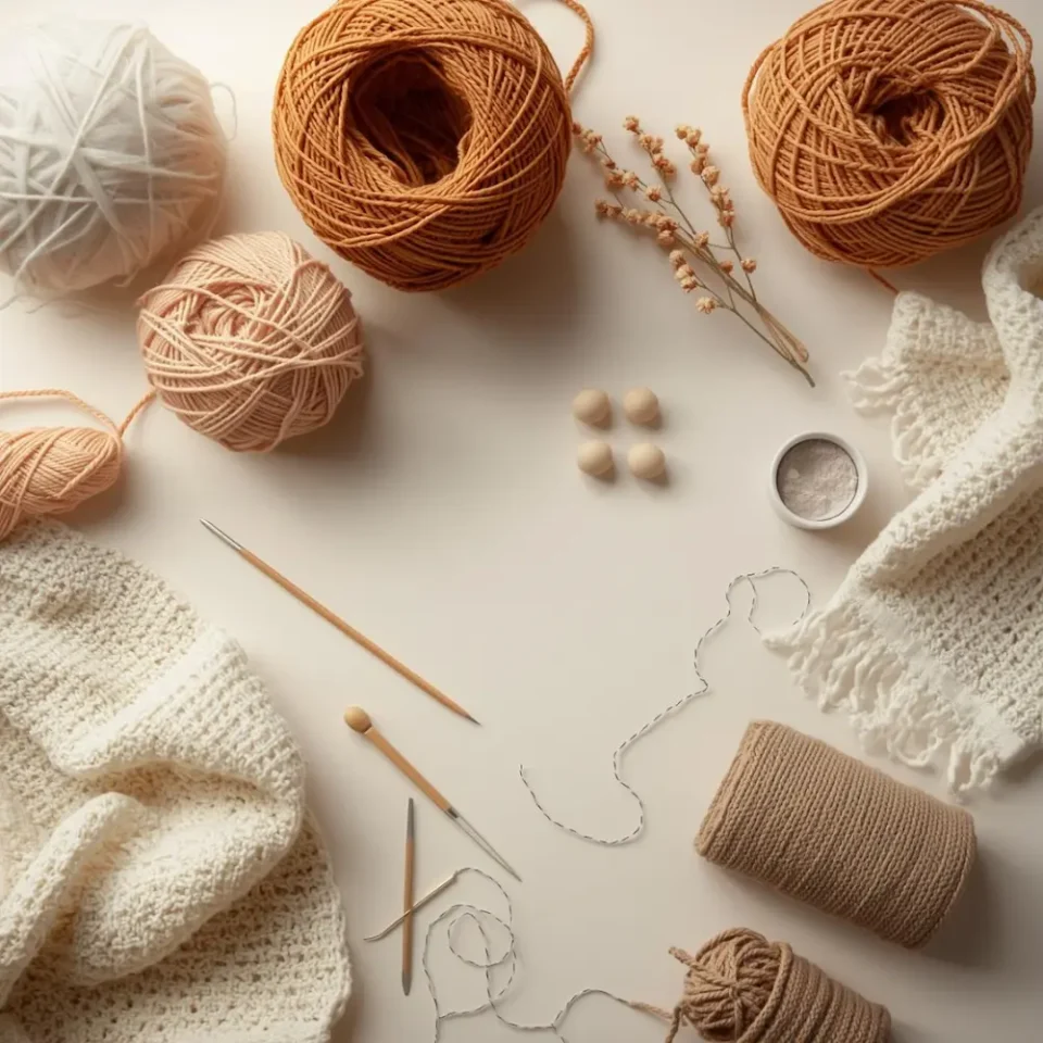 Wollknäule auf einem Tisch, Nähgarn, Häkel und Stricknadeln. Das Bild ist in braun und beige Tönen gehalten.